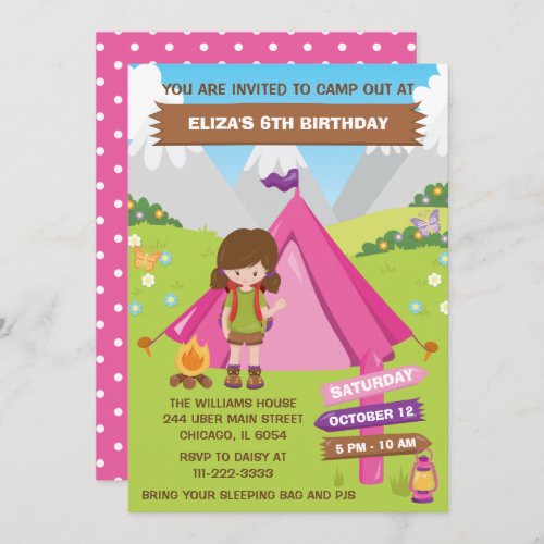 Outdoors Camping Birthday Party Brown Hair Girl In Invitation