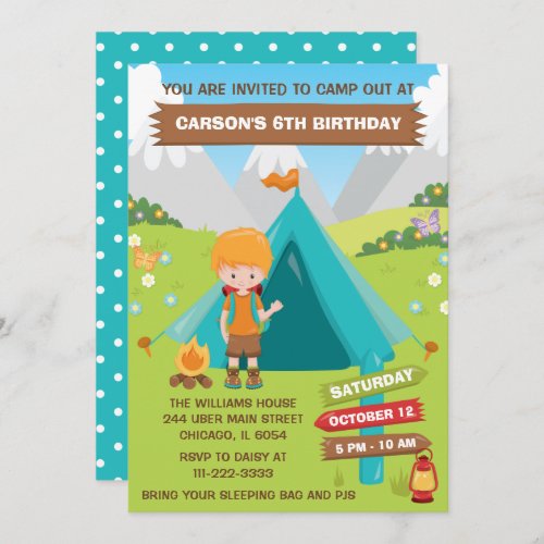 Outdoors Camping Birthday Party Red Hair Boy Invit Invitation