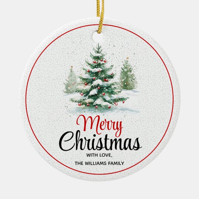 Outdoors Christmas tree Merry Christmas and photo Ceramic Ornament (Front)