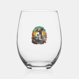 Outdoors Greyhound Dog Reading Book  Stemless Wine Glass