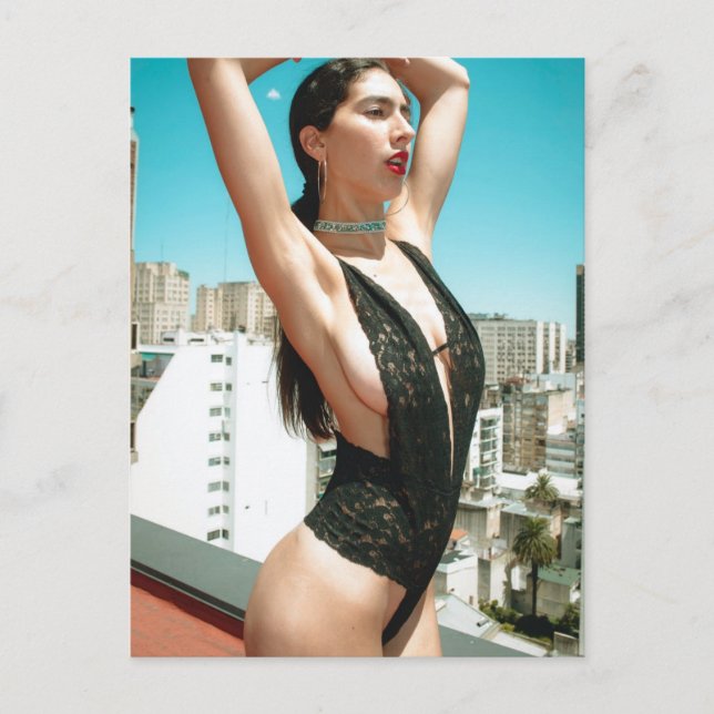 Outdoors in the City black lingerie roof top photo Postcard (Front)