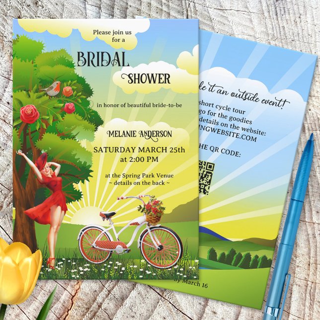 Outdoors Retro Bicycle Spring Summer Bridal Shower Invitation (Creator Uploaded)