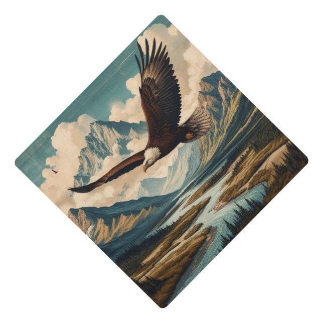Outdoorsman bald eagle mountain range graduation cap topper (Front)