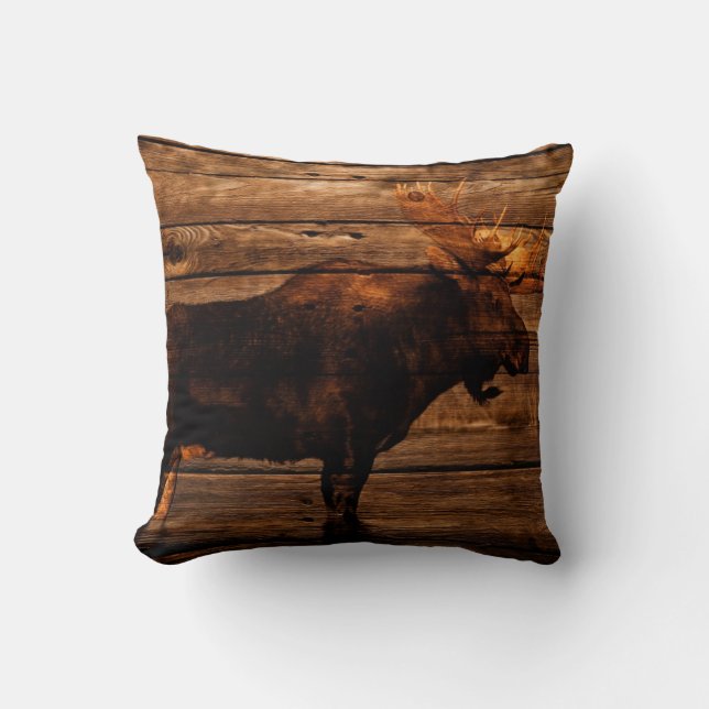 outdoorsman distressed wood wildlife bull moose throw pillow (Front)