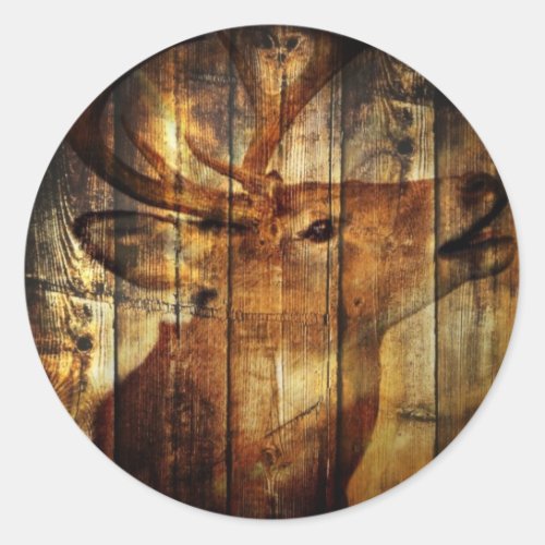 Outdoorsman primitive barn wood whitetail deer classic round sticker