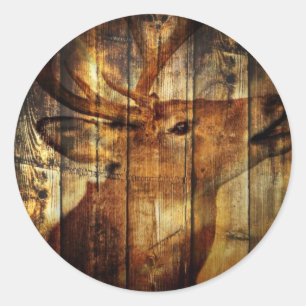 Outdoorsman primitive barn wood whitetail deer classic round sticker