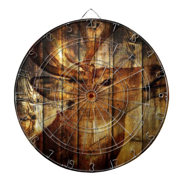 Outdoorsman primitive barn wood whitetail deer dartboard with darts (Front)