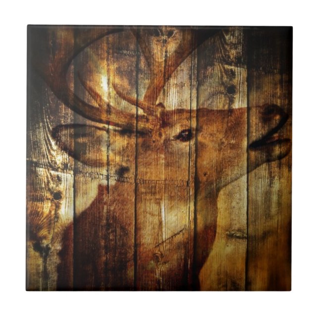 Outdoorsman primitive barn wood whitetail deer tile (Front)