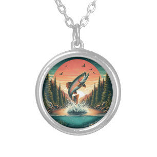 Outdoorsman trout nature silver plated necklace
