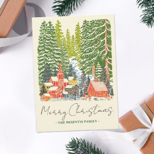 Outdoorsy Mountain Town Linocut Christmas Holiday Card