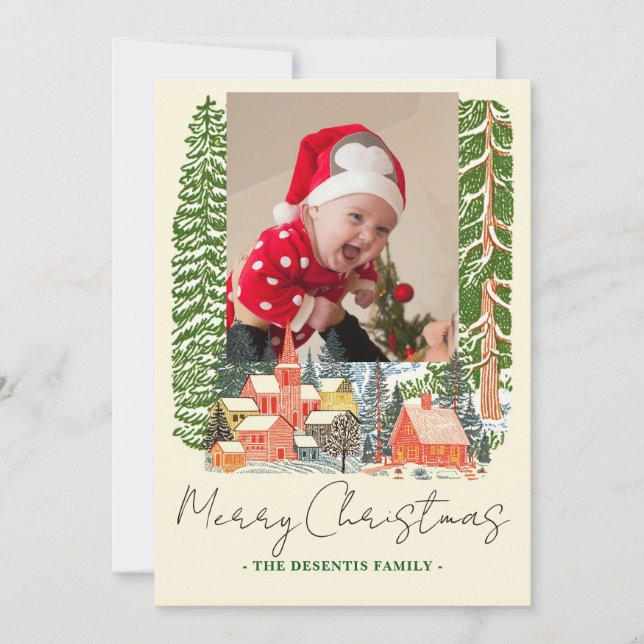 Outdoorsy Mountain Town One Photo Christmas Holiday Card (Front)