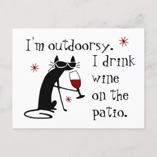 Outdoorsy Patio Wine Quote with Black Cat Postcard
