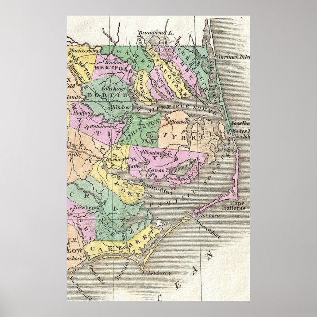 Outer Banks and Eastern North Carolina Map (1827) Poster (Front)