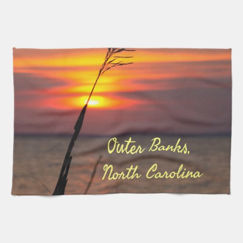 Outer Banks North Carolina Beach Sunset Orange Sky Kitchen Towel