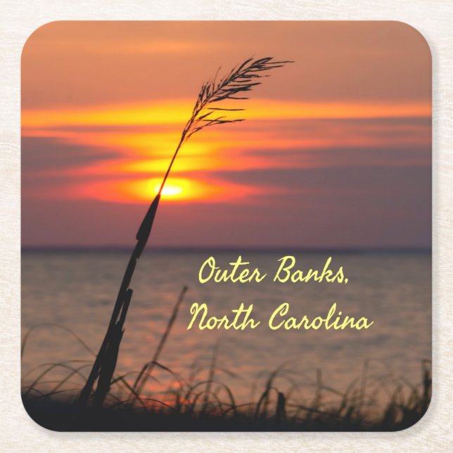 Outer Banks North Carolina Beach Sunset Orange Sky Square Paper Coaster (Front)