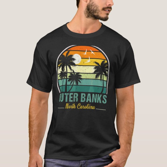 Outer Banks North Carolina Retro Sunset Palm Trees T-Shirt (Front)