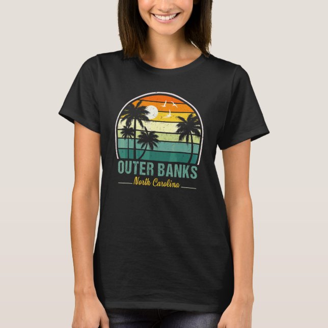 Outer Banks North Carolina Retro Sunset Palm Trees T-Shirt (Front)