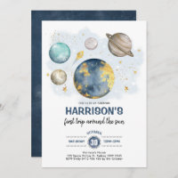 Outer Space 1st Birthday Galaxy Moon Stars Planets Invitation