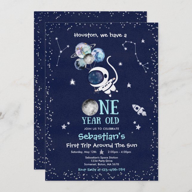 Outer Space 1st Birthday Party Astronaut Rocket  I Invitation (Front/Back)