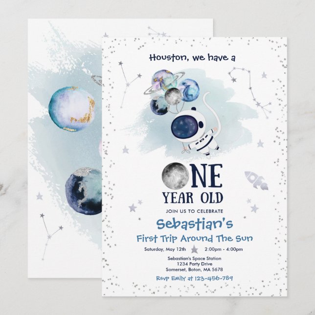 Outer Space 1st Birthday Party Astronaut Rocket  Invitation (Front/Back)