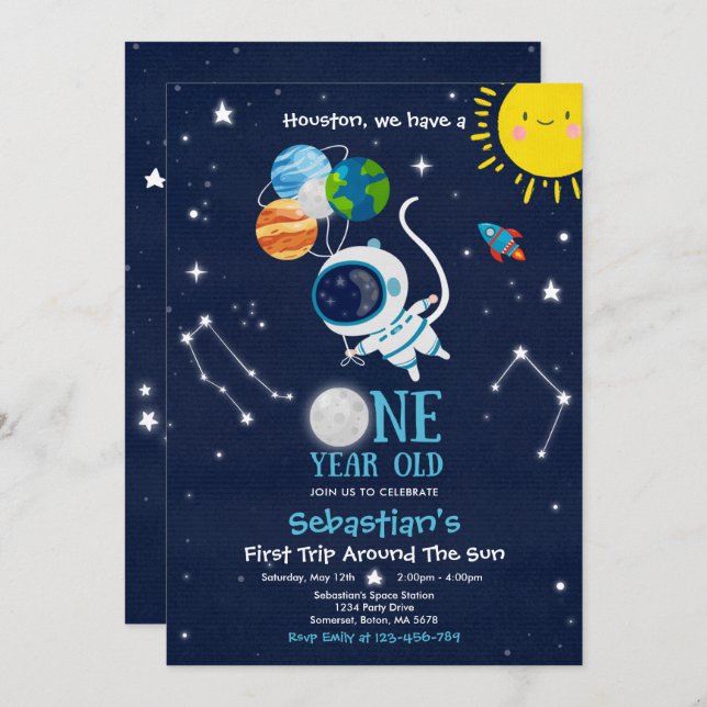 Outer Space 1st Birthday Party Astronaut Rocket Invitation (Front/Back)