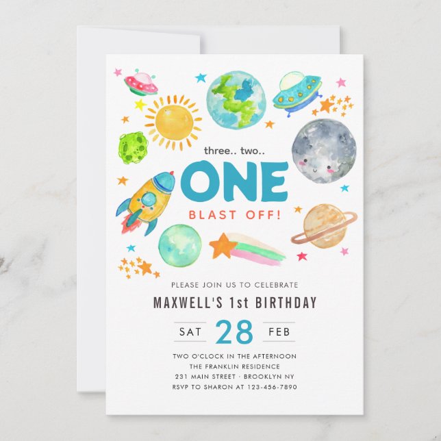 Outer Space 1st Birthday Party Rocket Spaceship Invitation (Front)