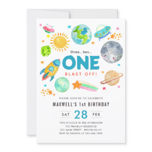 Outer Space 1st Birthday Party Rocket Spaceship Invitation