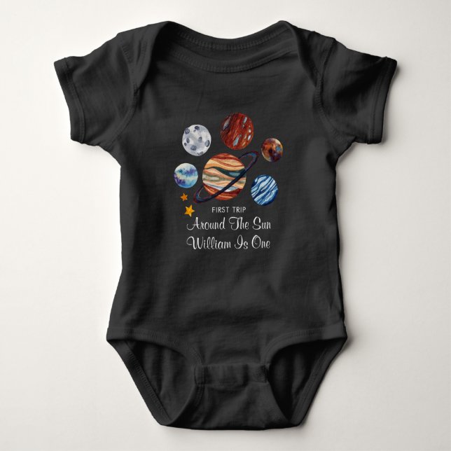 Outer Space 1st Trip Personalized Birthday Baby Bodysuit (Front)