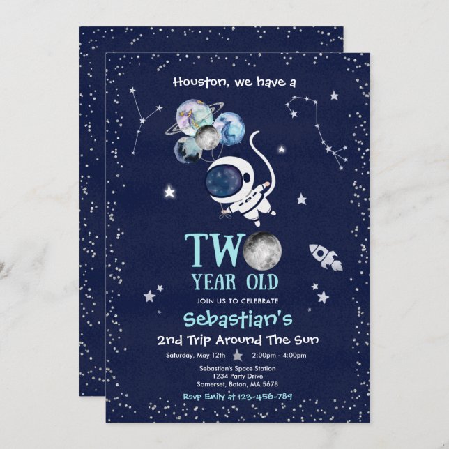 Outer Space 2nd Birthday Party Astronaut Rocket In Invitation (Front/Back)