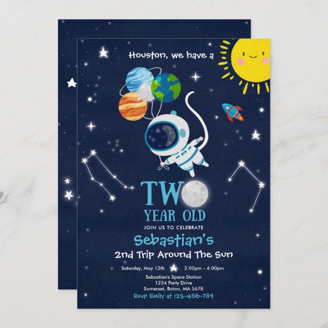 Outer Space 2nd Birthday Party Astronaut Rocket Invitation (Front/Back)