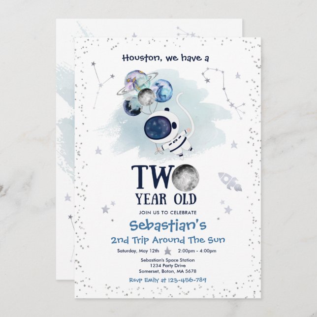 Outer Space 2nd Birthday Party Astronaut Rocket Invitation (Front/Back)