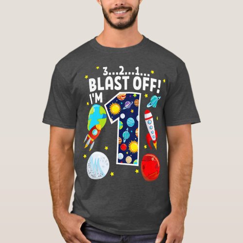 Outer Space 321 Blast Off Age 1 1st Birthday Party T_Shirt