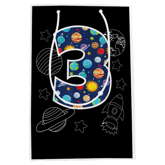 Outer Space 3 Year Old 3rd Birthday Party Boys Gir Medium Gift Bag (Front)