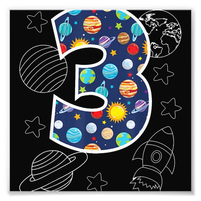 Outer Space 3 Year Old 3rd Birthday Party Boys Gir Photo Print (Front)