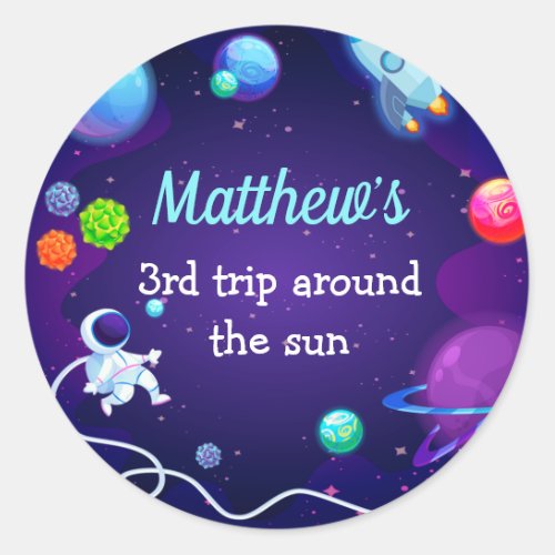 Outer Space 3rd Birthday Blue Astronaut Planet Classic Round Sticker