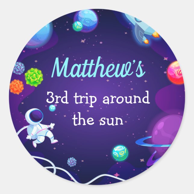 Outer Space 3rd Birthday Blue Astronaut Planet Classic Round Sticker (Front)