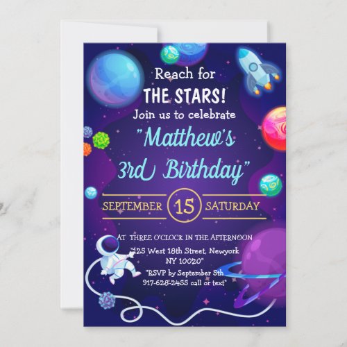 Outer Space 3rd Birthday Blue Astronaut Planet Invitation