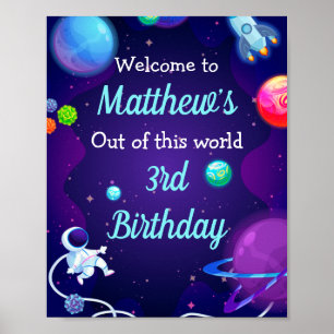 Outer Space 3rd Birthday Blue Astronaut Planet Poster