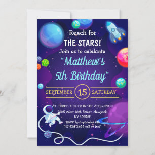 Outer Space 5th Birthday Blue Astronaut Planet Invitation