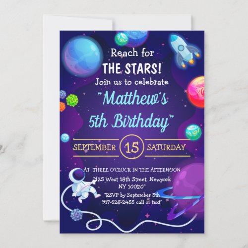 Outer Space 5th Birthday Blue Astronaut Planet Invitation
