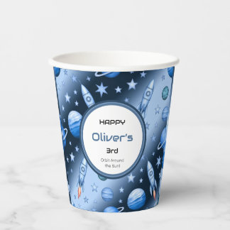 Outer Space Adventure Rocket and Planet Blue Paper Cups