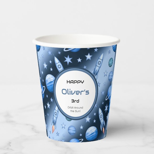 Outer Space Adventure Rocket and Planet Blue Paper Cups (Front)
