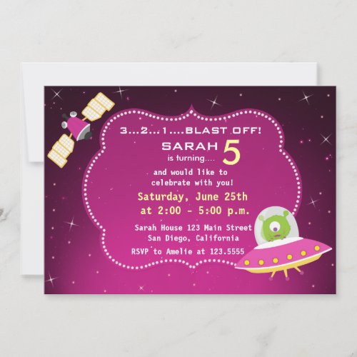 Outer Space Alien Girl Birthday Party Invitation