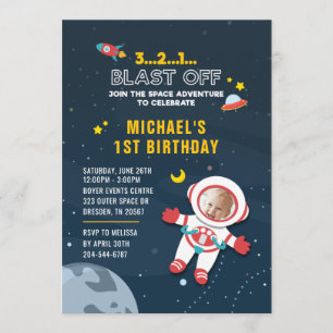 Outer Space and Astronaut 1st Birthday Photo Invitation