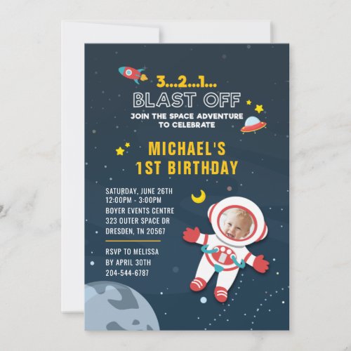 Outer Space and Astronaut 1st Birthday Photo Invitation