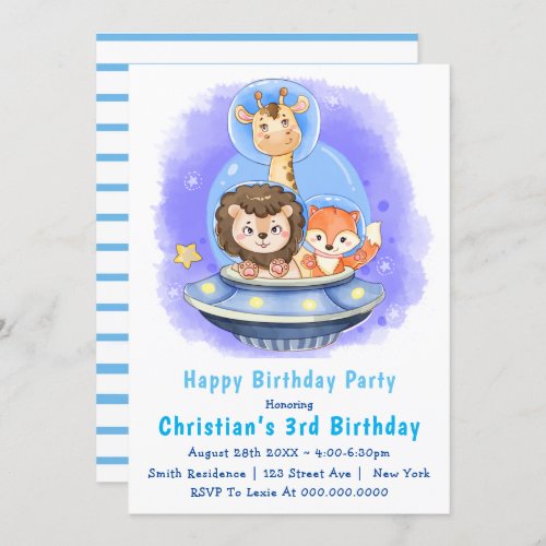 Outer Space Animals 3rd Birthday Invitations 