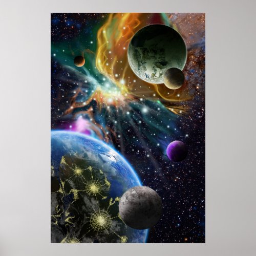 Outer Space art with Planets and Colorful Nebula Poster