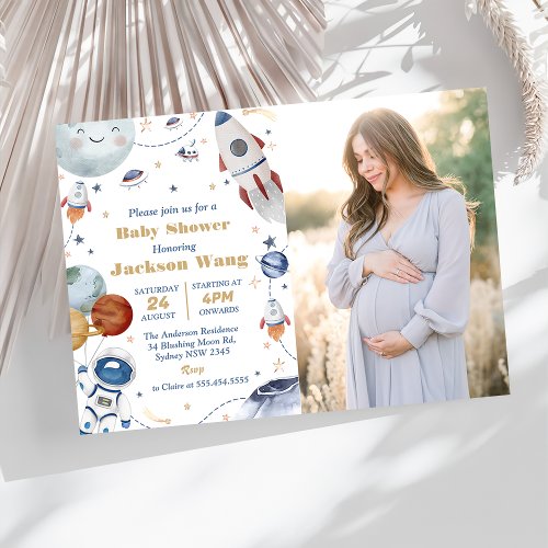 Outer Space Astronaut Baby Shower Party Photo Invitation
