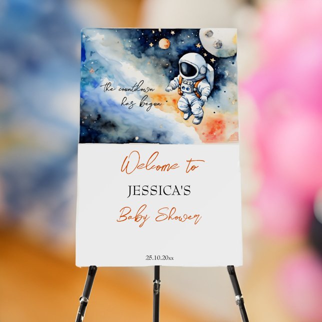 Outer space astronaut baby shower welcome sign (Outer space astronaut baby shower welcome sign board watercolor baby astronaut flying in a galaxy)