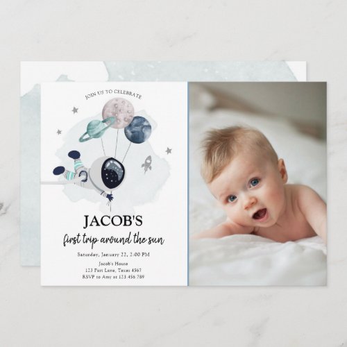 Outer Space Astronaut Blue Boy First Birthday Invitation